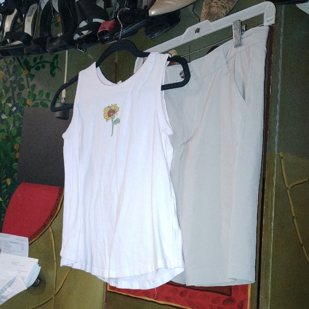 White Sunflower Tank Top and Beige Shorts Set